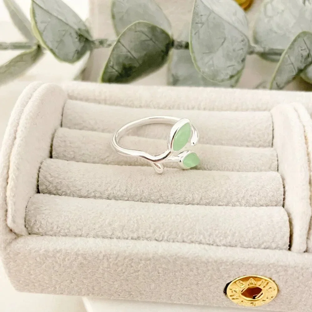 925 Sterling Silver Dainty Leaf Ring Twig Ring Branch Ring Green Stone Ring